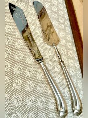 Antique 800 Silver Alloy Handled Floral Etched Cake Serving Set